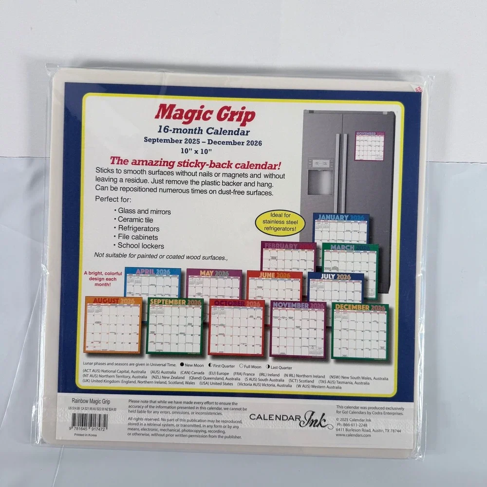 2026 Calendar Ink Rainbow Magic Grip 16-Month Wall Calendar 10x10 NWT